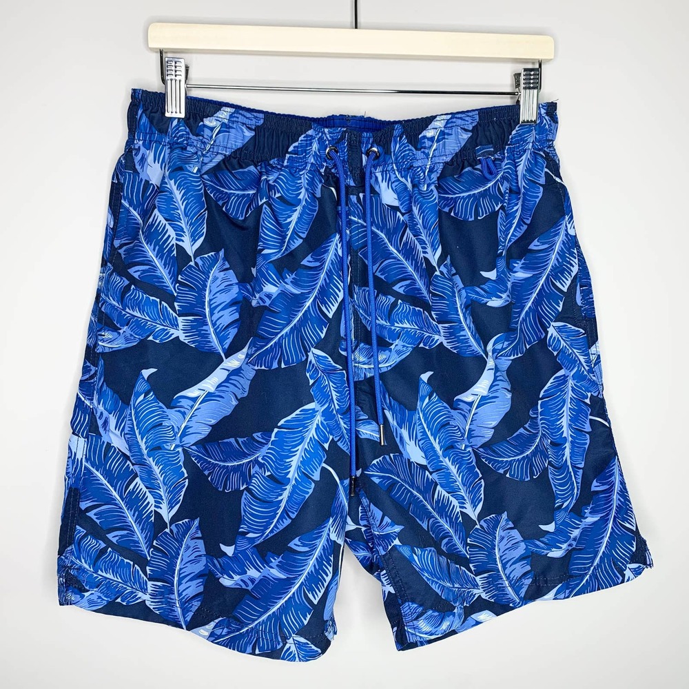 LANDS' END Swim Trunks Blue Tropical Leaf Medium